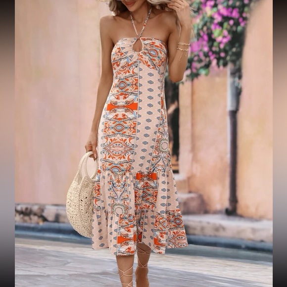 Boho Paisley Floral Print Tie Backless Ruched Bust Ruffle Hem Halter Dress - Picture 4 of 7